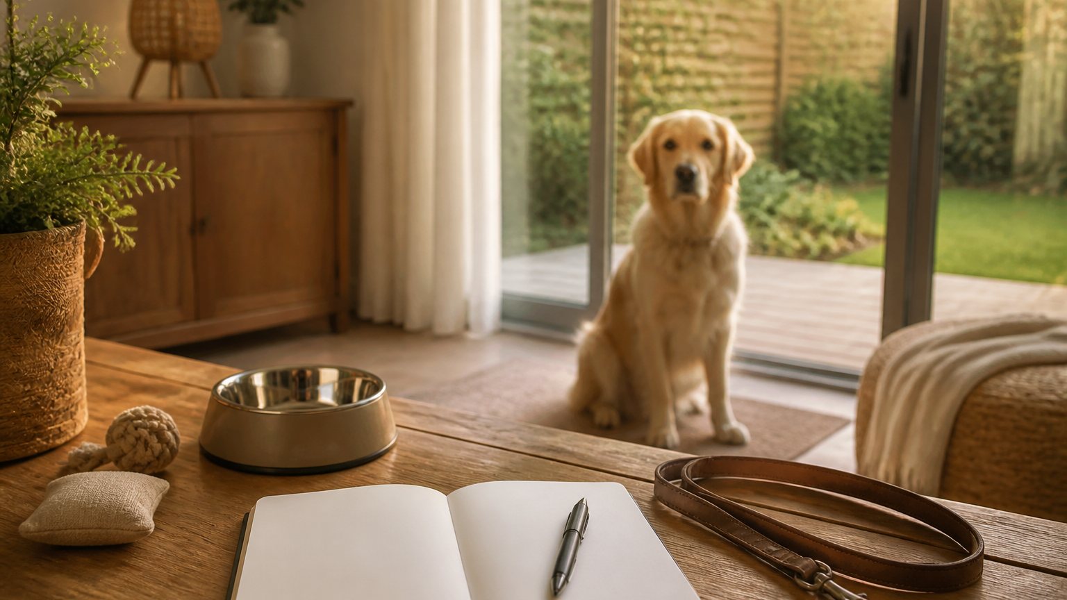 Laisse gamelle et carnet préparés avant l’arrivée d’un chien