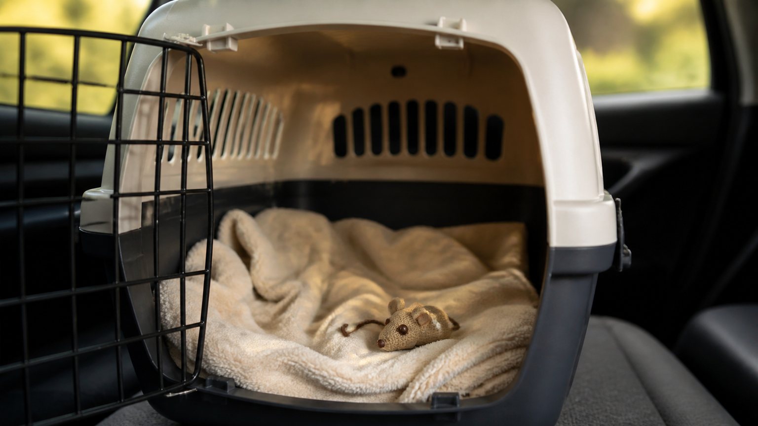 Caisse de transport pour chat préparée avec une couverture familière dans une voiture