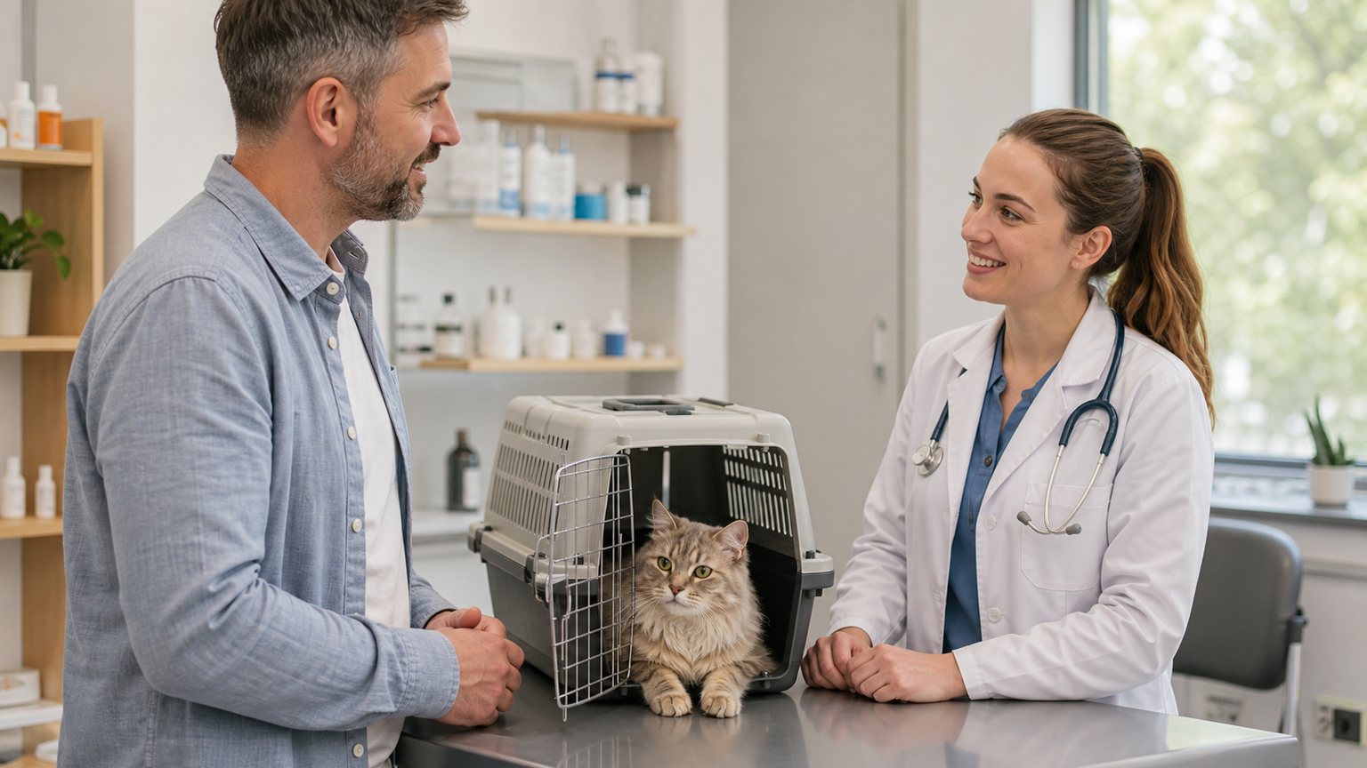 Chat dans une caisse de transport lors d’une consultation vétérinaire