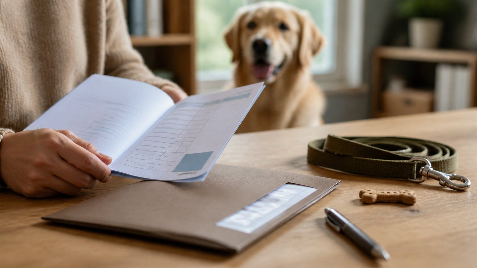 Carnet de santé et laisse préparés avant une visite vétérinaire avec un chien