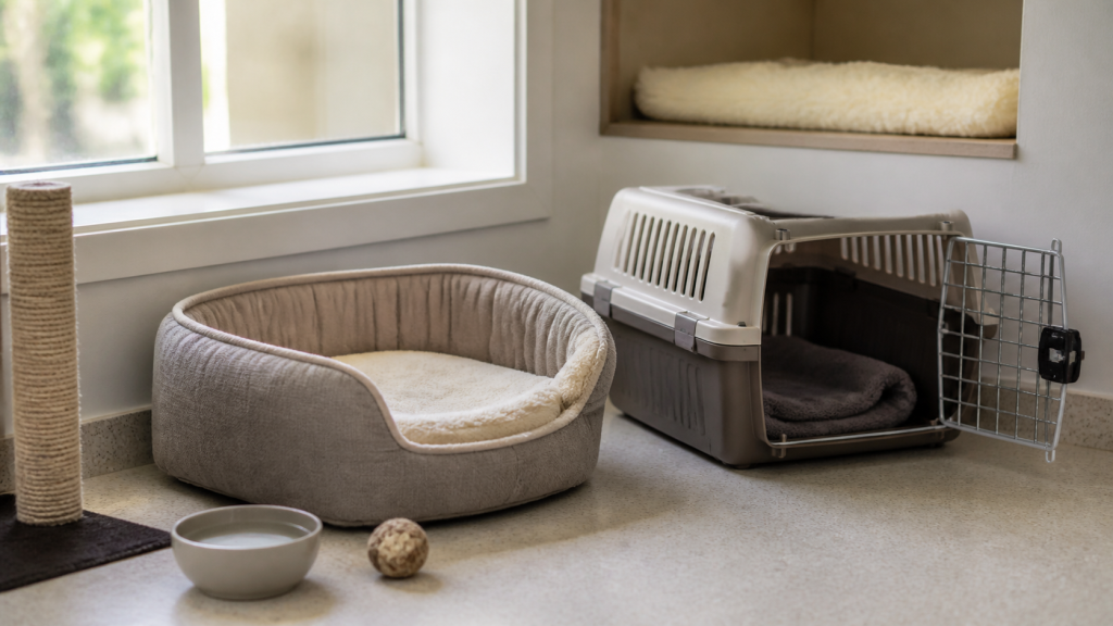 Coin de repos préparé pour un chat avec panier, eau et caisse de transport