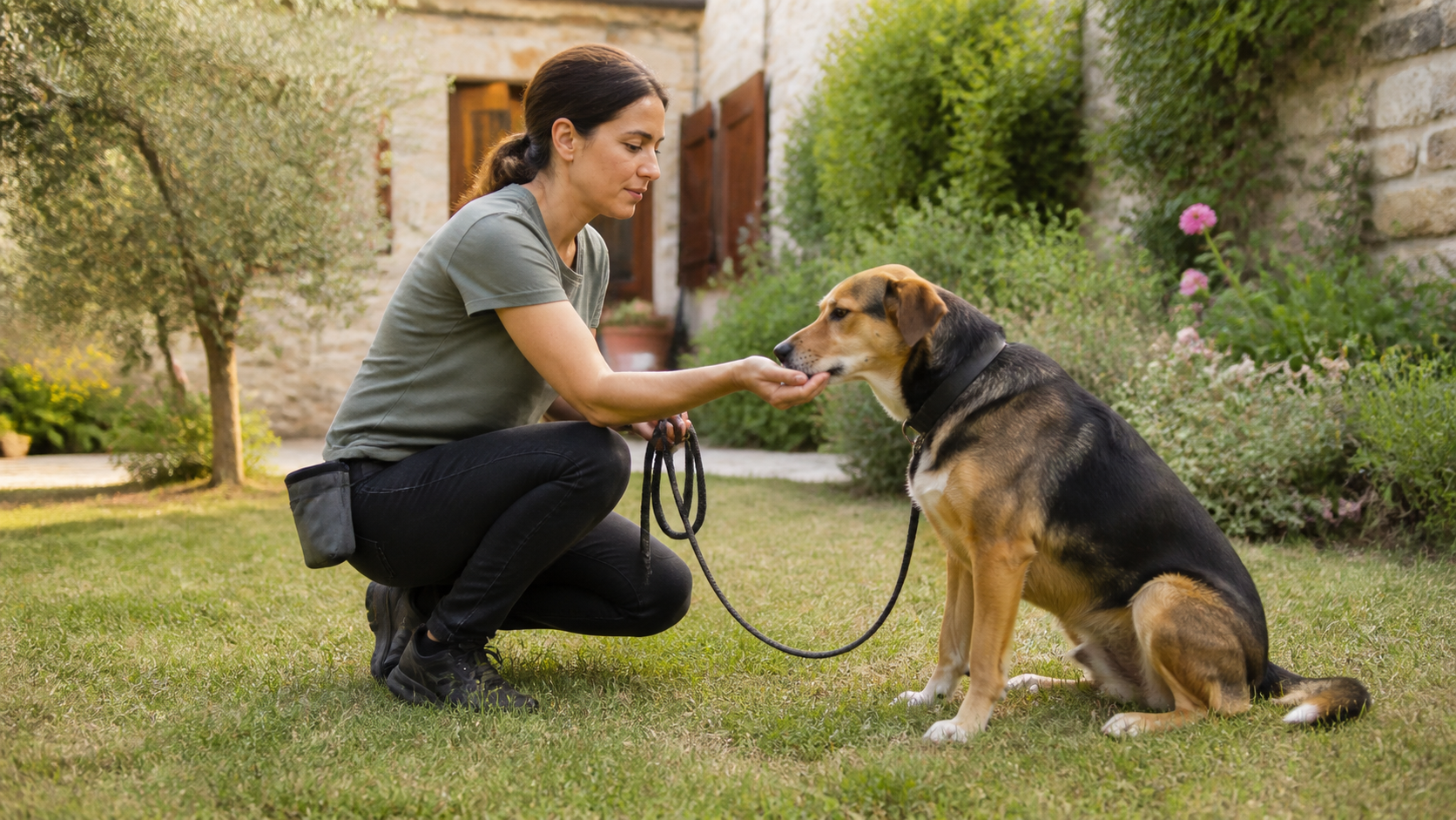 Éducatrice canine accompagnant un chien adopté avec une laisse détendue