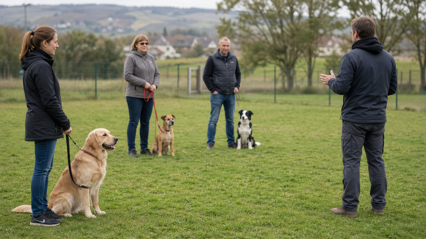 Cours collectif d’éducation canine avec plusieurs chiens tenus en laisse