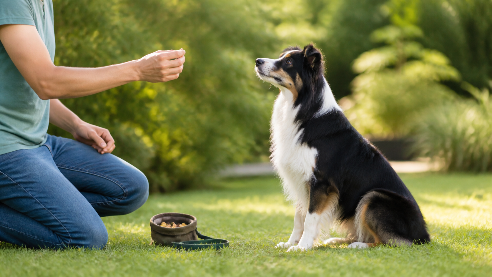 Chien attentif pendant un exercice de rappel avec récompense