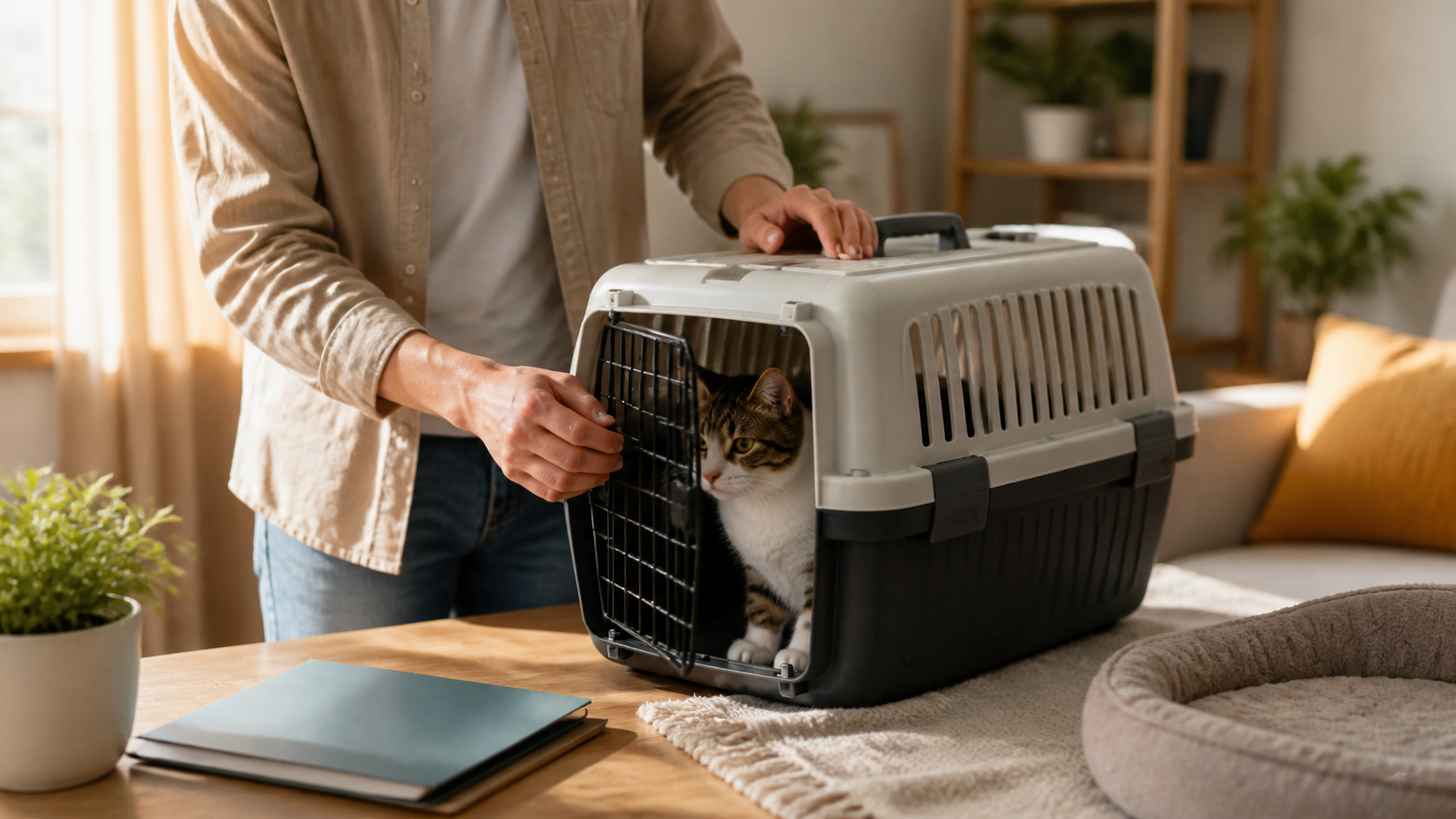 Chat installé dans une caisse de transport avant une consultation vétérinaire