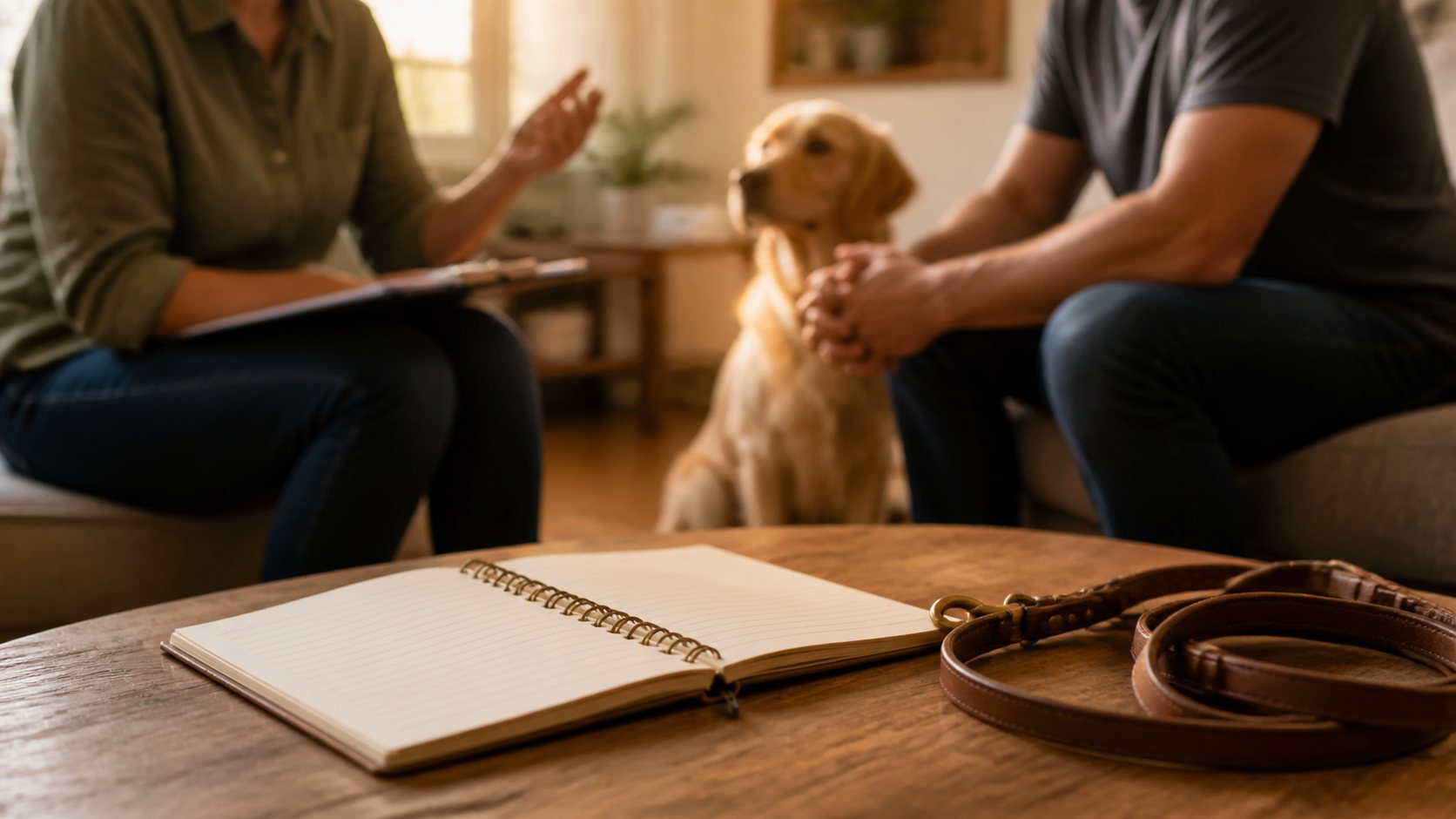 Carnet de notes et laisse pour préparer un bilan d’éducation canine