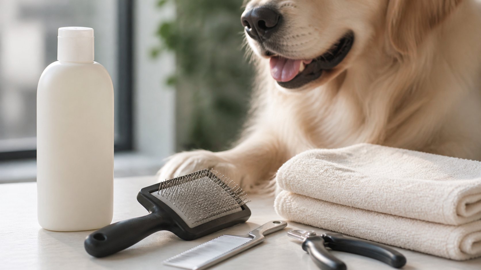 Matériel de toilettage canin avec brosse peigne serviette et shampoing
