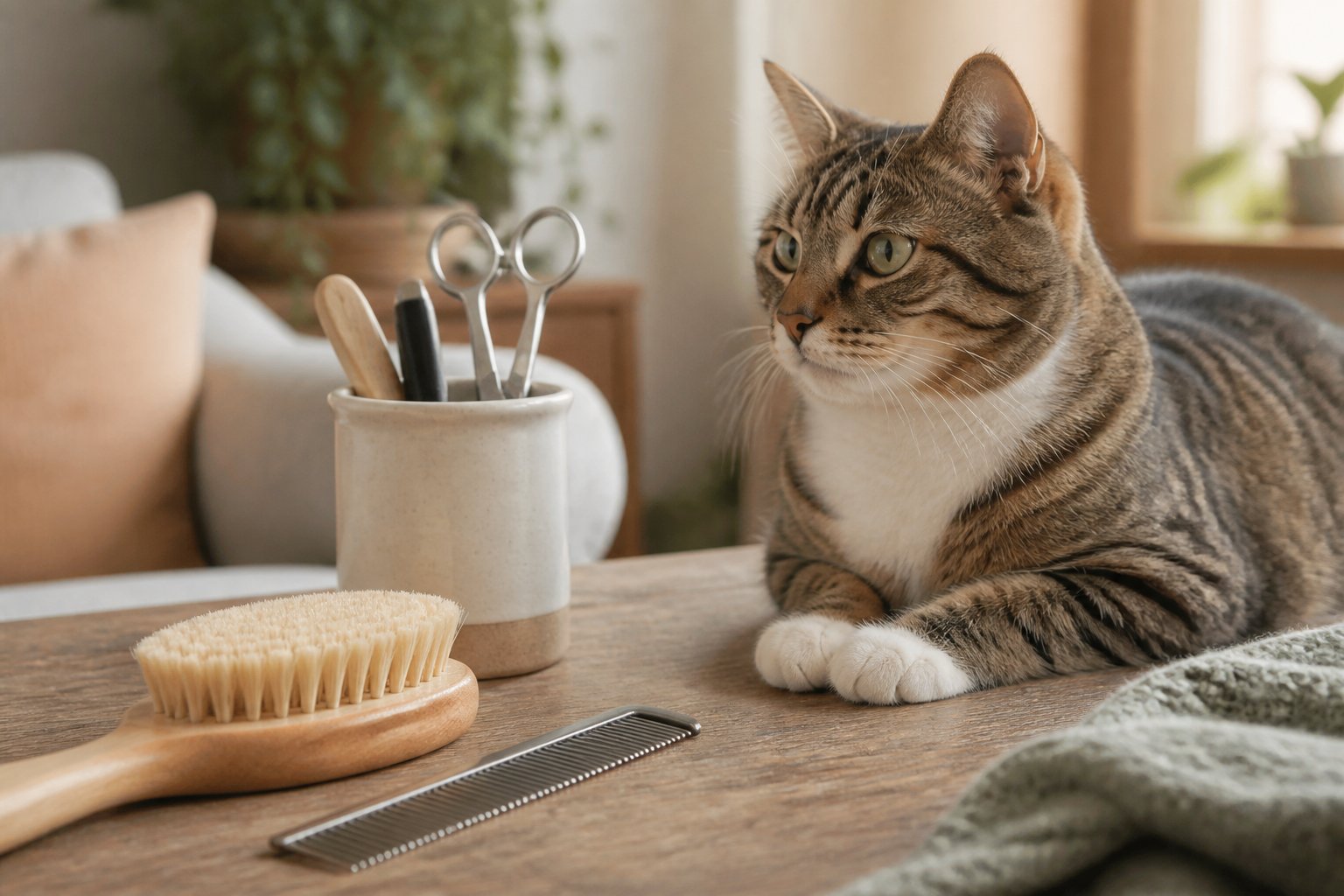 Outils de toilettage et chat calme à la maison