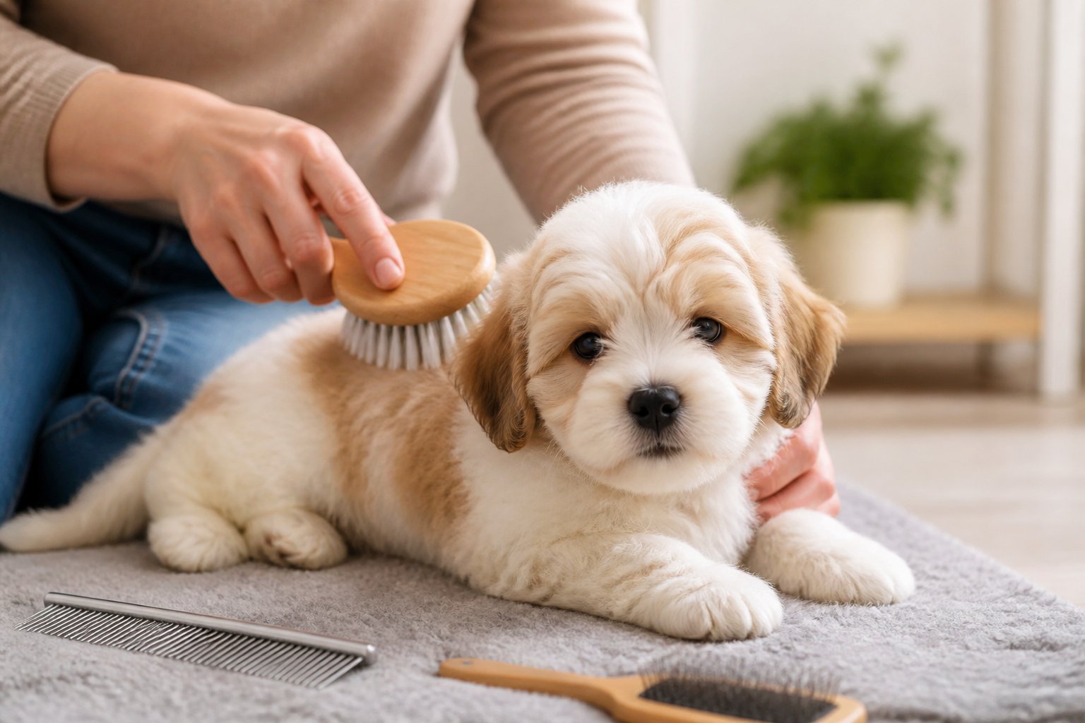 Brossage doux d’un chiot à la maison pour préparer son premier toilettage
