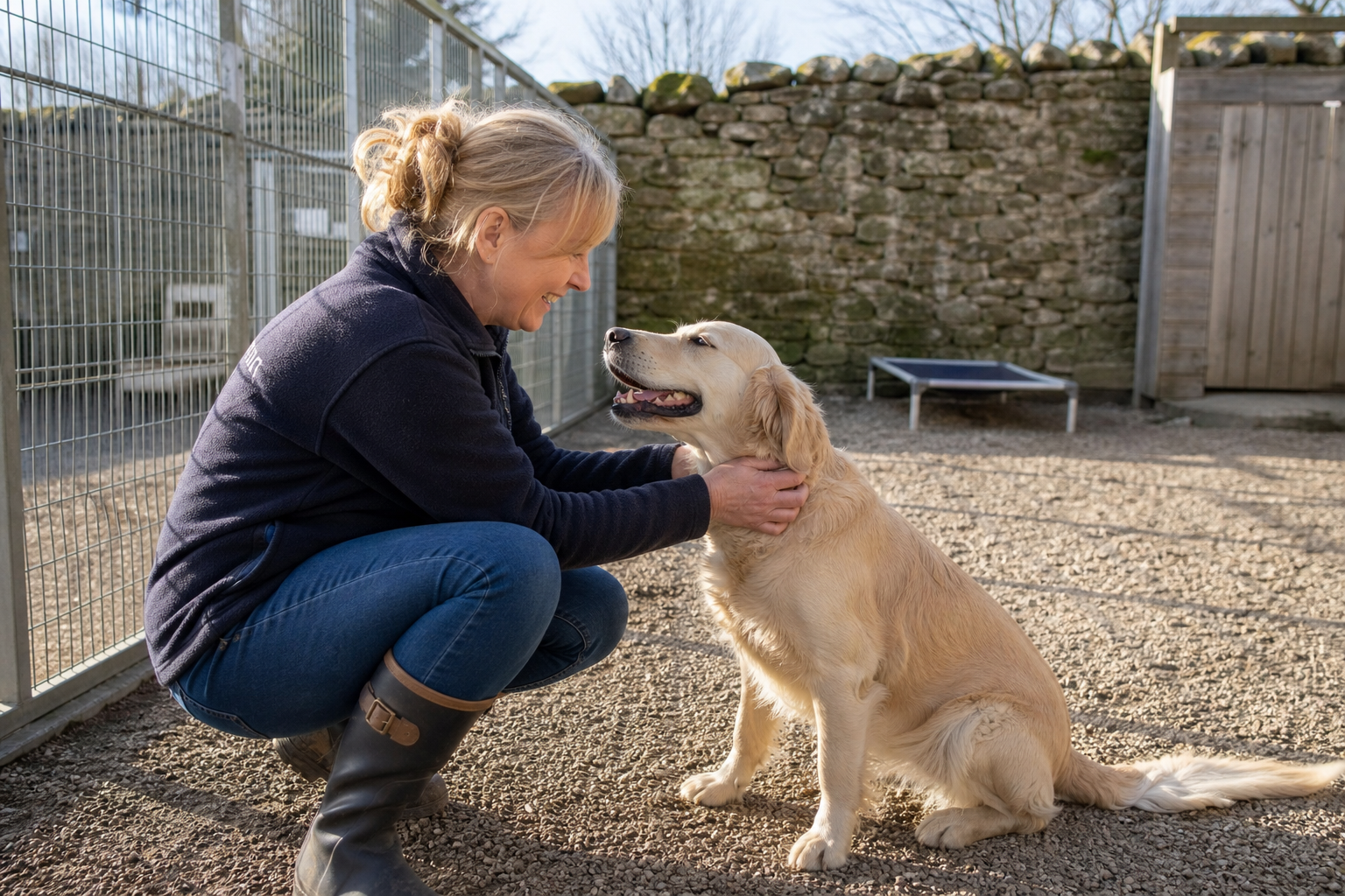 Soigneur et chien lors d'une visite dans une pension canine