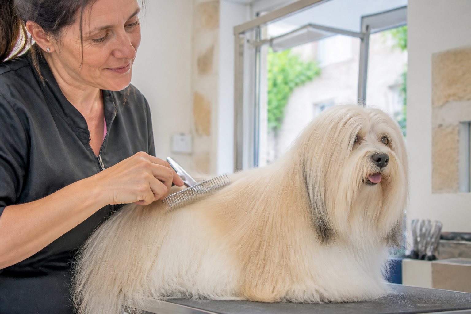 Toiletteur démêlant le poil long d'un chien avec un peigne adapté