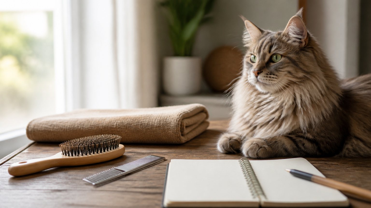 Brosse douce et accessoires préparés pour le toilettage d’un chat