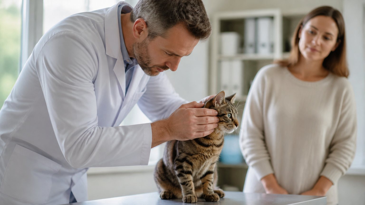 Chat examiné pendant une consultation vétérinaire de suivi
