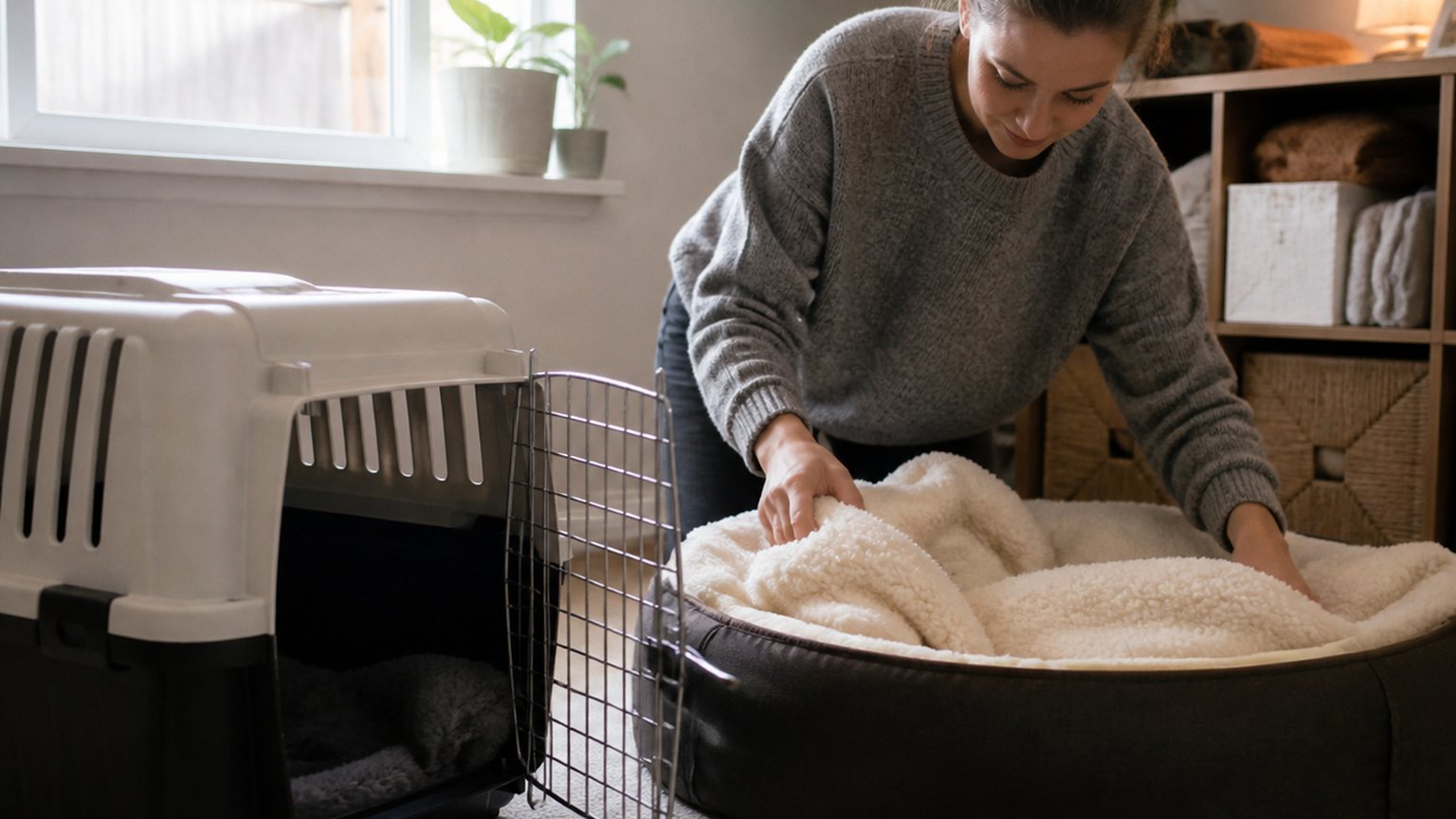 Panier gamelles et caisse de transport préparés pour accueillir un animal